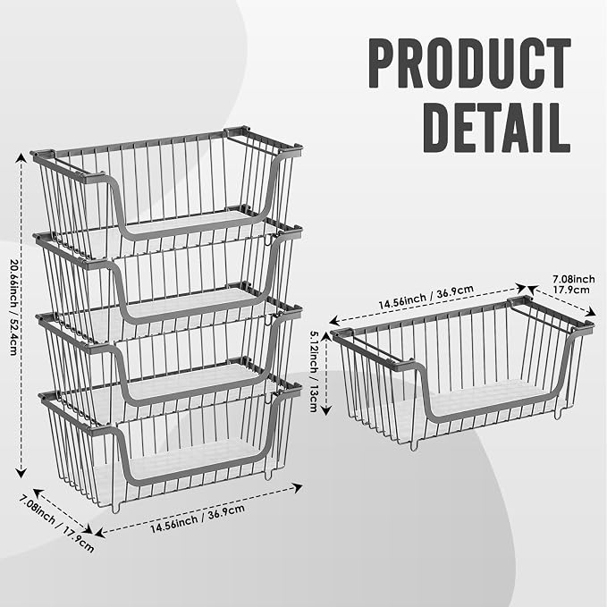 4 Pcs Stackable Wire Baskets for Pantry Organizers and Storage, | Vegetable Fruit Basket for Countertop,Kitchen Storage Metal Baskets,Produce Potato Onion Storage Bin,Gray