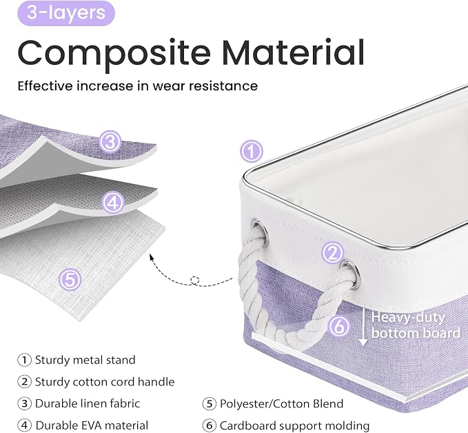 11.8x7.9x5.2 Inch Fabric Small Storage Bins with Handles 1 Pack | Foldable Storage Basket, Sturdy Metal Strand, Cardboard Support Molding, Small Baskets for Organizing, Shelves, White/Purple