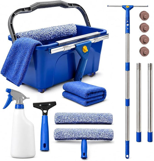 Window Cleaning Kit with Extendable Long Handle, Professional Window Squeegee & Window Washer Tool Set for Indoor Outdoor High Windows, Glass, RV & Shower Doors