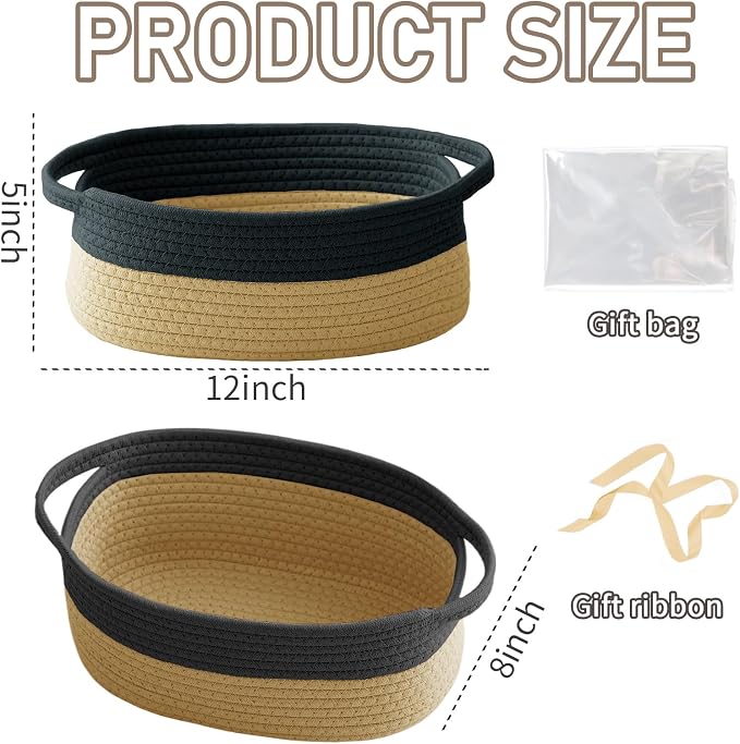JMvicyroam Small Woven Basket, Empty Gift Basket, Black&Jute/2 Pack | Small Gift Basket, Cotton Rope, 12 x 8 x 82 in, Handles, Includes Ribbon and Bag, Birthday Gift Basket