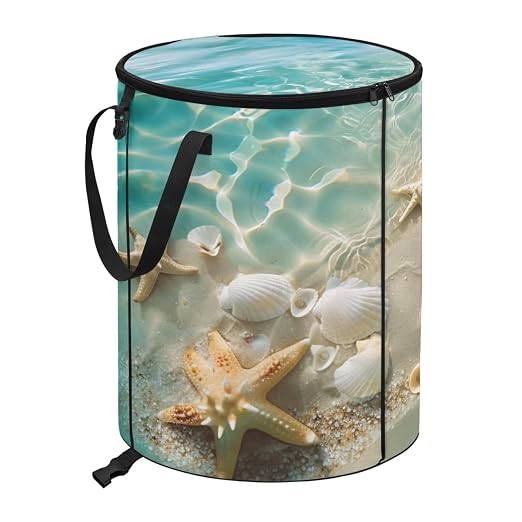 Beach Starfish Shell Pop up Outdoor Garbage Can 24 Gallon Collapsible Camping Trash Can with Zipper Lid Reusable Heavy-Duty Polyester Trash Bin for Campsites Boat Backyard Parties