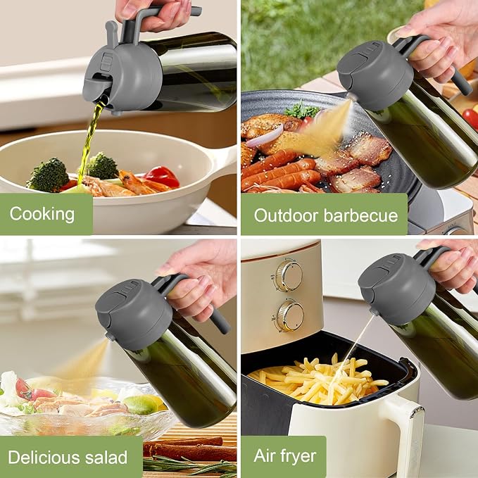 YARRAMATE 16oz/470ml Dark Green Oil Sprayer for Cooking with Stickers, Food-grade Premium 2 in 1 Olive Oil Dispenser Bottle for Kitchen Gadgets, Air Fryer, Salad, Frying, BBQ (Grey)