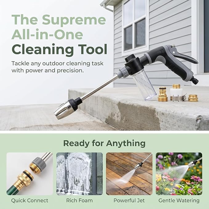 High Pressure Garden Hose Nozzle, Handheld Power Washer Spray Gun with 360° Rotating Nozzle, 3 Spray Modes & Foam Sprayer for Cars, Patios, Driveways and Outdoor Cleaning-Tool-Free Installation(1 Set)