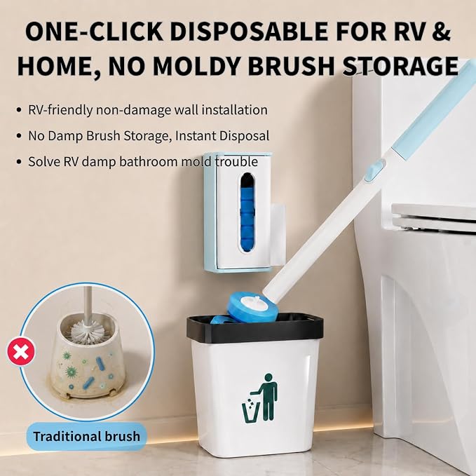 RV Toilet Brush, RV Accessories, Wall Mount Toilet Brush, 16 Toilet Refills | RV Toilet Brush and Holder Set, Hands Free Toilet Brush, One-Button Release, Compact Design, Camper Essentials