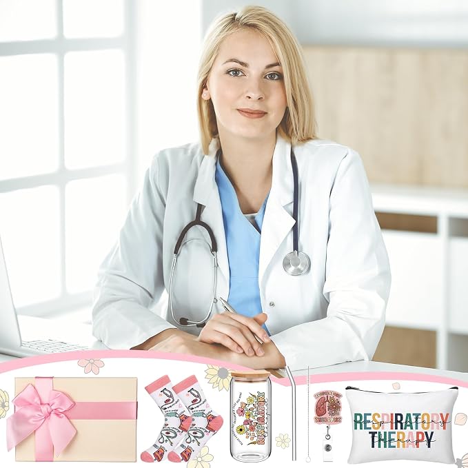 Skylety 5 Pcs Respiratory Therapist Gifts for Women | 16oz Glass Cup Socks Cosmetic Bag Badge Reel, RT Appreciation Gift Box, Respiratory Therapist accessories, Nurse Doctor Gift