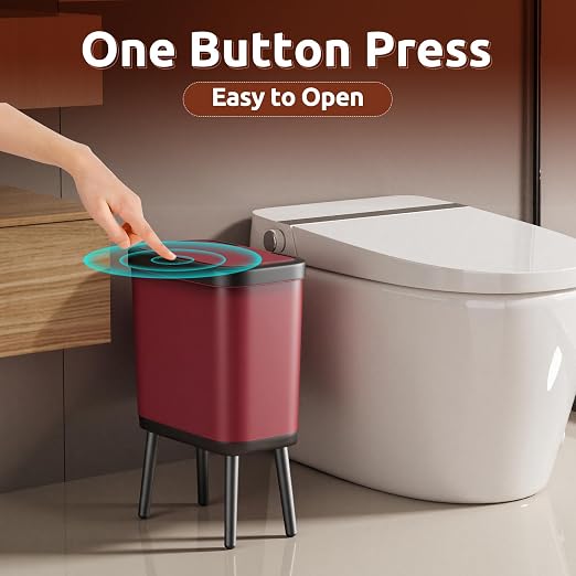 Slim Kitchen Trash Can with Legs, 4 Gallon Bathroom Wastebasket with Press Top Lid, Rectangle Red Garbage Can with Lid, Small Plastic Trash Can for Toilet, Bedroom, Living Room, Dorm