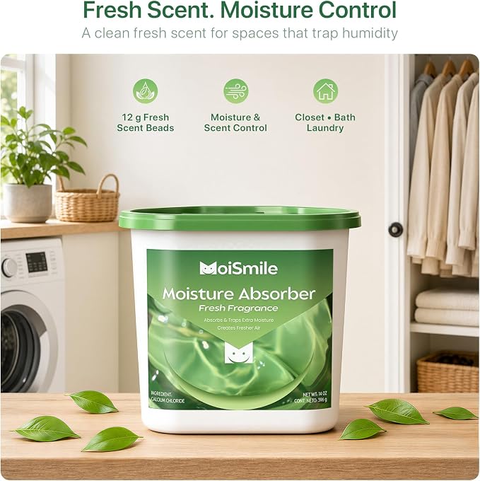 Large Moisture Absorber Buckets, 14 oz Each, Fresh Scent, 3 Pack | 14 oz Net Fill with 12 g Fresh Scent Beads; Visible Water Collection; Up to 90 Days; For Bathrooms and Closets