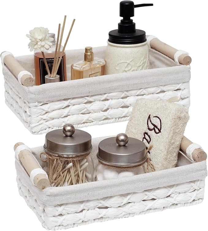 Storage Basket Wicker Baskets for Organizing with Handle Decorative Storage Bins for Countertop Toilet Paper Storage Basket for Toilet Tank Top Small Baskets Set (Set of 2,White)