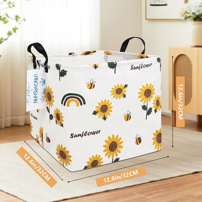 Square Storage Baskets Children Shelves Gift Toy Organizer Room Sunflower | Laundry Hamper Collapse Canvas with Handles for Organizing Home Kitchen Children Toys Office Closet Shelf