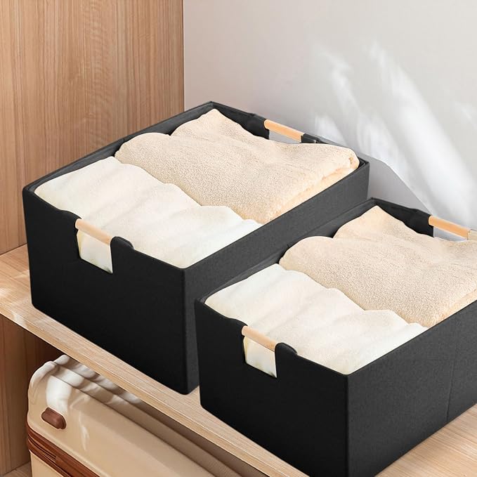 Fabric Storage Box, 16x12in Foldable Cotton Linen Basket with Wooden Handle | Large Rectangular Cube Decorative Home Laundry Organizer Clothes Blanket Container Organizing Clothes Sheets Jeans, Black