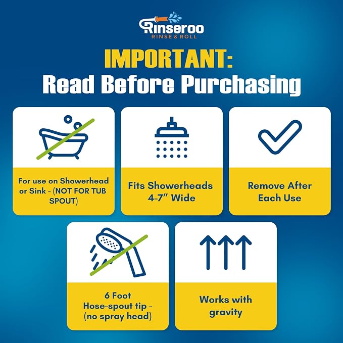 Rinseroo JUMBO Shower Cleaning Thing Slip-On Handheld Hose Attachment | 6 Ft Hose, Fits Up to 7" Shower Head, Fast Mess-Free Wall Rinsing, Converts Standard Shower to Handheld