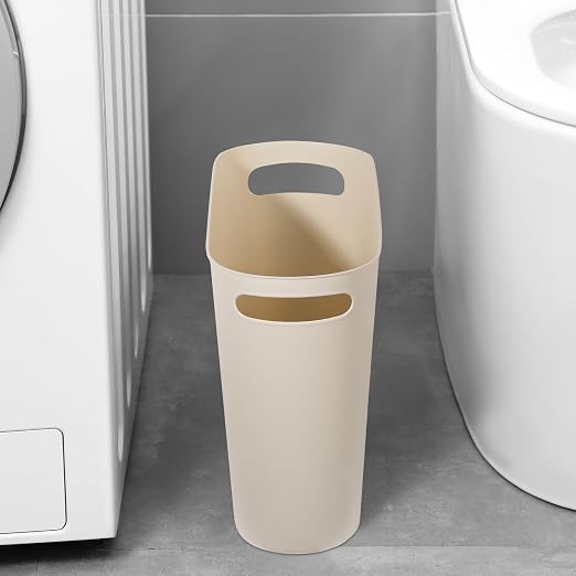 rejomiik Small Bathroom Trash Can, 3.5 Gallon Slim Garbage Can, Cream | Plastic Waste Basket with Handles for Bathroom, Bedroom, Dorm, Kitchen, Office and Narrow Spaces