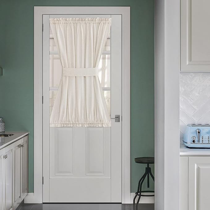 NICETOWN Natural Linen French Door Curtains 40 inches Long for Kitchen | Light Filtering, Rod Pocket with Tieback, Farmhouse French Door Shade for Front Back Window Cover, 1 Panel, Off White