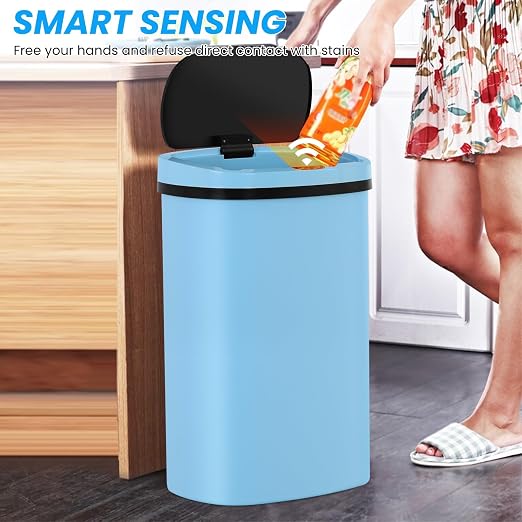BLKMTY 13-Gallon Kitchen Trash Can, 50L Plastic Garbage Can, Automatic Touch Free Garbage Bin, Motion Sensor Trash Can with Lid, Tall Waste Bin for Home Office Bathroom Touchless, Blue