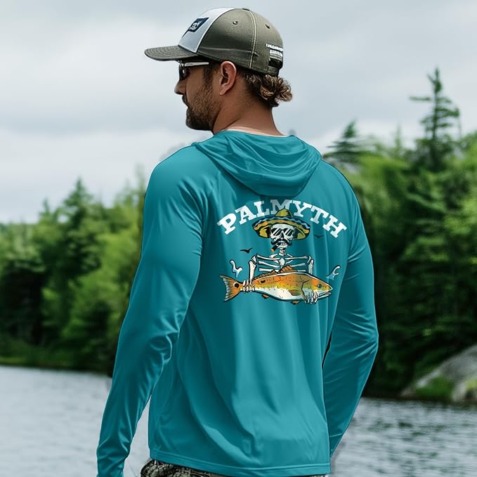 Palmyth Men's Fishing Hoodie UPF 50+ Long Sleeve with Face Mask Neck Gaiter | Zipper Pocket, Thumb Loops, Quick-Dry, Side Mesh Panels, Lens Cleaning Cloth