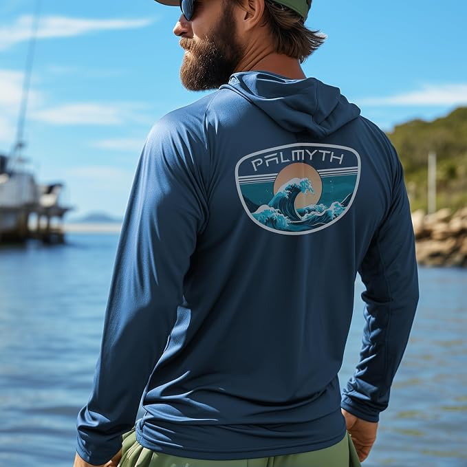 Palmyth Men's Fishing Hoodie UPF 50+ Long Sleeve with Face Mask Neck Gaiter | Zipper Pocket, Thumb Loops, Quick-Dry, Side Mesh Panels, Lens Cleaning Cloth