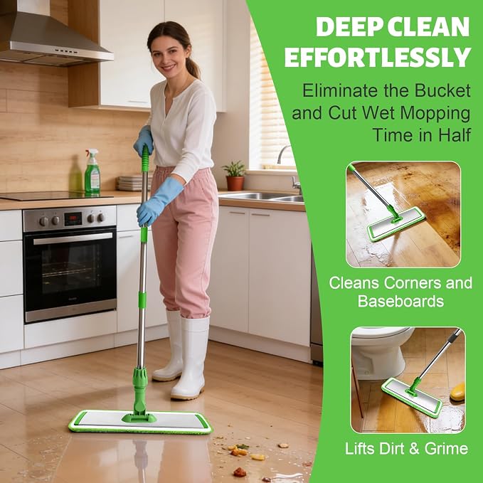 17.7" Microfiber Mop for Floor Cleaning, 360° Rotating Flat Mop with 4 Pads | ,59in Long Adjustable Stainless Steel Handle, 4 Washable Pads for Dry & Wet Cleaning for Hardwood, Vinyl, Laminate, Green
