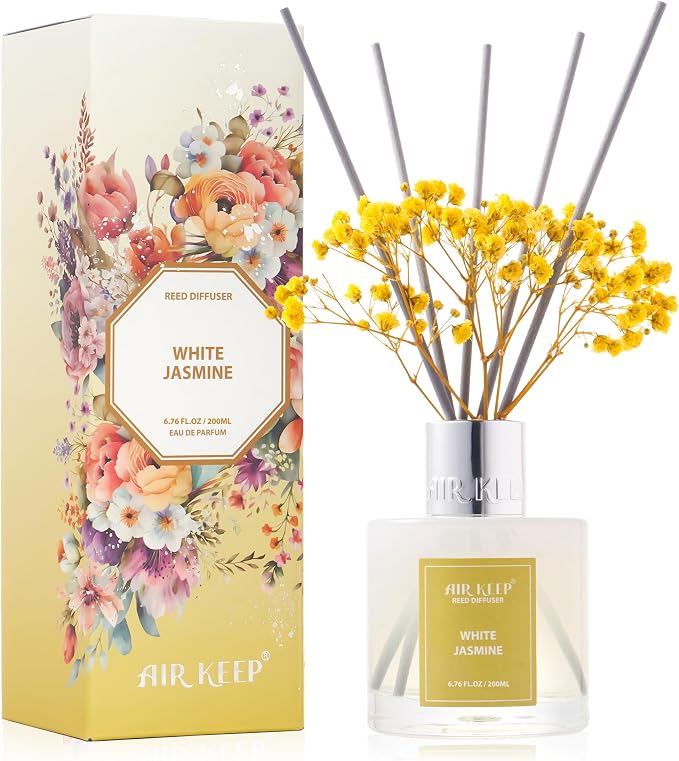Reed Diffuser Set,6.76 fl oz (200 ml) - White Jasmine Oil Diffusers with 8 Reed Sticks, Home Fragrance Reed Diffuser for Bathroom Shelf Decor