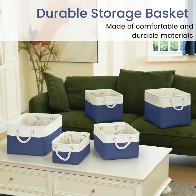 16x12x12 In Foldable Fabric Large Storage Bins with Handle 1 Pack | Storage Basket with Draw String Top, Sturdy Metal Strand, Cardboard Support Molding, for Shelf, Closet, Bedroom, White/Blue