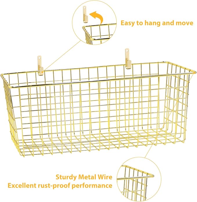 2 Sets Gold Extra Large Hanging Wall Basket with Steel Hooks | Metal Wire Baskets for Organizing, Wallmounted Fruit Vegetable Toy Snack Storage, Home Kitchen Bathroom Laundry Pantry