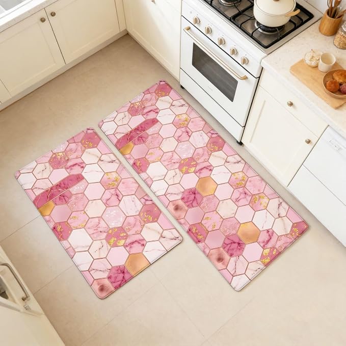Feelyou Marble Kitchen Mat for Floor Pink Ombre 2pcs Kitchen Rug Geometric Waterproof Non-Slip Rugs for Office Laundry Room Decor Accessories