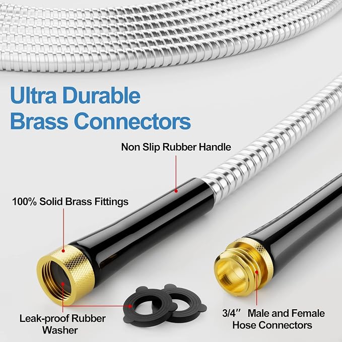 SPECILITE 50ft 304 Stainless Steel Metal Garden Hose with Rubber Grip | Adjustable Brass Nozzle, 3/4" Solid Brass Connectors, Flexible, Puncture Resistant, Non-Expandable for Yard Outdoor Lawn