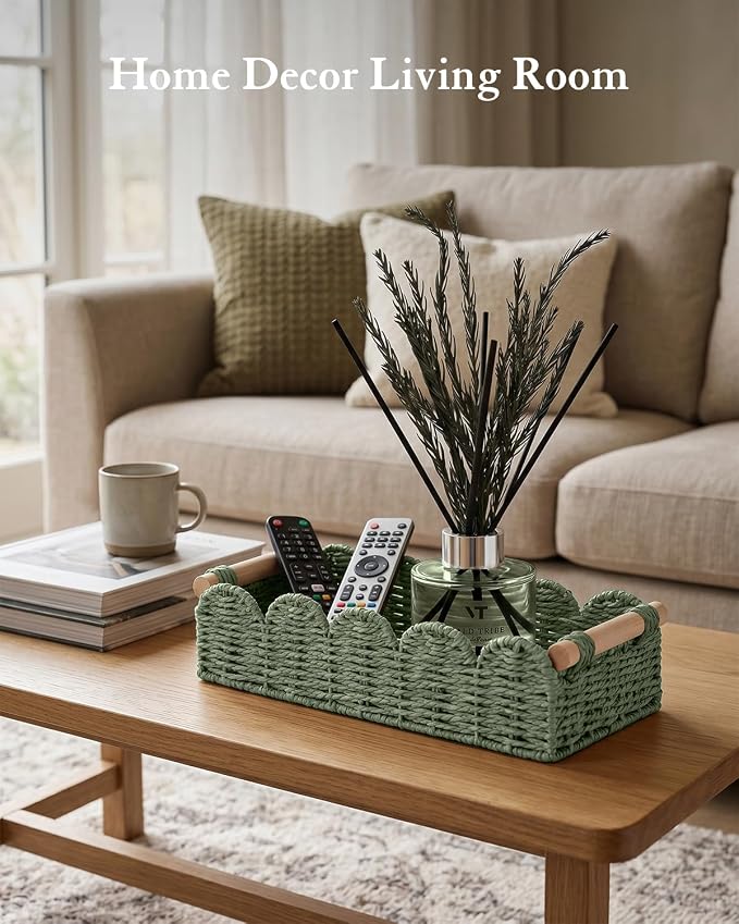 Toilet Paper Storage Basket for Toilet Tank, Bathroom Organizer | Scalloped Decorative Basket for Bathroom Home Decor, Woven Basket for Shelves, Living Room, Countertop, Paper Rope, Green