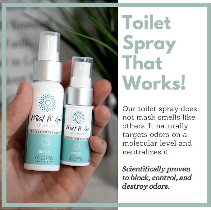 Mist N’ Go by Omaze Travel Bathroom Spray for Toilet Spray Odor Eliminator - Travel Toilet Spray for Bathroom Air Freshener Spray for Bathroom Deodorizer - Breeze Travel Size (1oz x3)