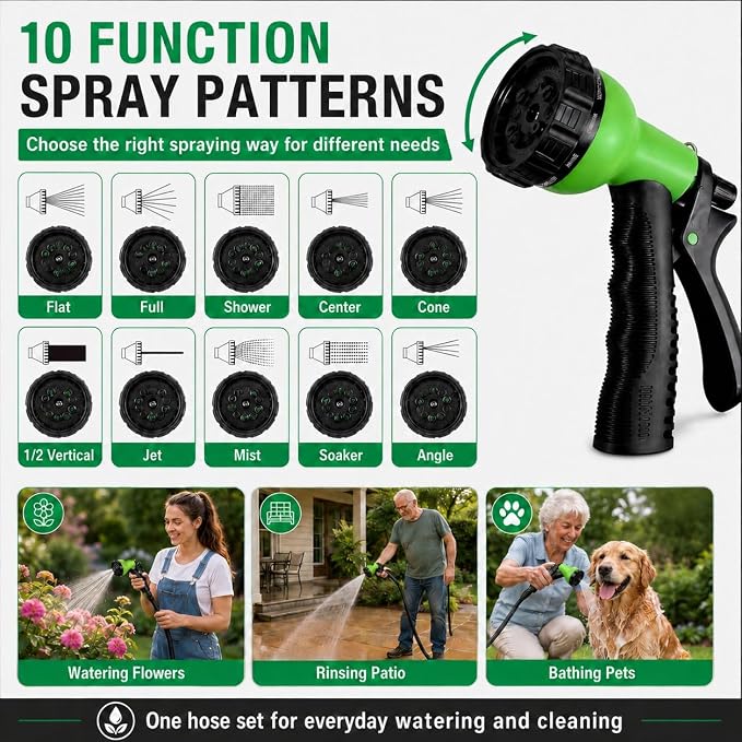 100FT Non-Expandable Flat Garden Hose with 10 Function Nozzle,No-Kink,Black | Lightweight Flat Water Pipe for Women & Seniors,Easy Storage Hose for RV, Patio, Small Backyard, Car Wash & Everyday Watering