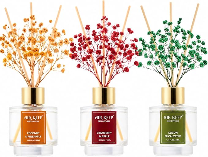 Reed Diffuser Set of 3, Coconut Pineapple Lemon Eucalyptus Cranberry Apple Oil Reed Diffusers for Bedroom Living Room Office Aromatherapy Oil Reed Diffuser for Gift 50ml x 3