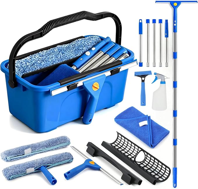 Professional Window Cleaning Kit, 76" Squeegee & Scrubber with 3 Gal Bucket | Complete Window Cleaning Kit 76" Long Handle Window Squeegee 3 Gallon Cleaning Bucket Included Versatile Window Washing Tool