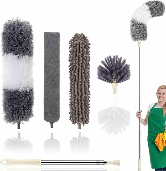 Microfiber Duster Kit High Reach Ceiling Fan Duster with Extendable Pole 100" Telescoping Cobweb Duster for Cleaning, Bendable Head Washable Duster for Ceiling, Fan, Furniture