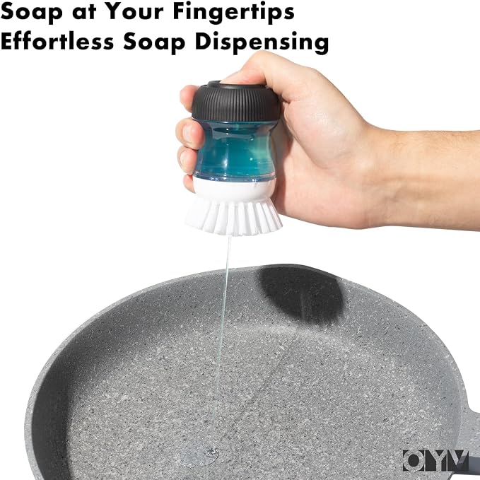 OYV Soap Dispensing Palm Brush Set | Includes Silicone Drip Tray, 1 Refill, Non-Scratch Nylon Bristles, Kitchen Dish Scrub Brush for Cleaning Pots, Pans, Sinks