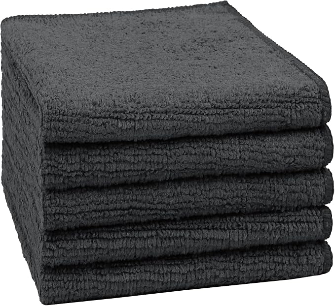 Orighty Washcloths, 5 Pack Microfiber Face Towels, 12x12 Inch Black | Highly Absorbent & Soft Feel, Multi-Purpose Wash Cloths & Hand Towels for Bathroom, Hotel, Spa, and Gym