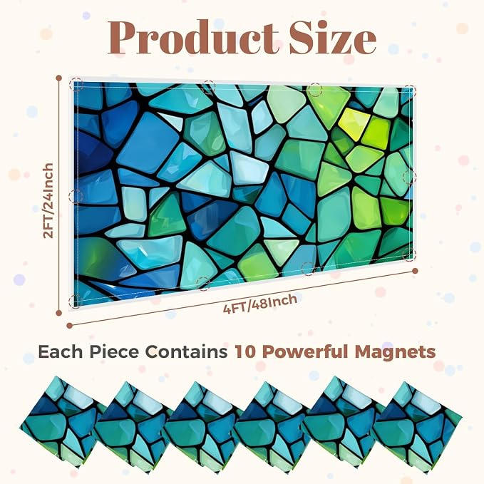 6 Pcs Fluorescent Light Covers for Ceiling Lights abstract stained glass mosaic blue green Magnetic Decorative Shade Filters 4x2 ft for Classroom Office Hospital Decor