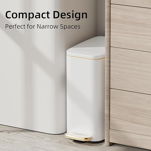 KUK Slim Bathroom Trash Can with Lid, 1.6 Gal / 6L Stainless Steel Small Garbage Bin with Detachable Inner Bucket, Step Pedal, Silent Close, Wastebasket for Toilet, Bedroom, Home, Office (White)
