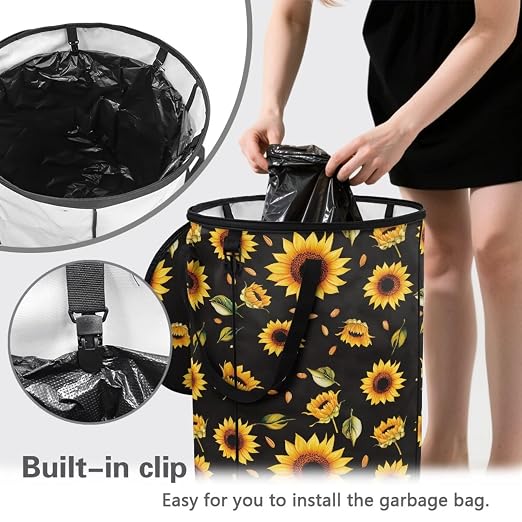BIGCARJOB Sunflower Collapsible Trash Can Portable Tall Trash Can Oval Recycling Bin 22.83x17.71 Outside Garbage Bin Storage Bag with Clip and Zipper Lid