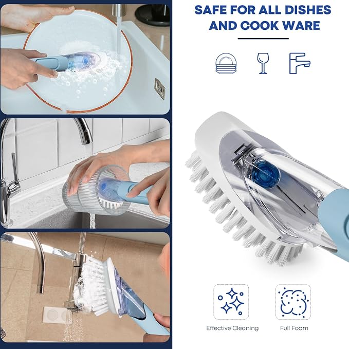 RIMAY Soap Dispensing Dish Brush Dish Scrubber with Soap Dispenser Handle | Dish Soap Brush and Dish Wand Heavy Duty Kitchen Cleaning Scraper Non-Scratch Scrubs Dishes, Pans, Sink, and Pots, Blue