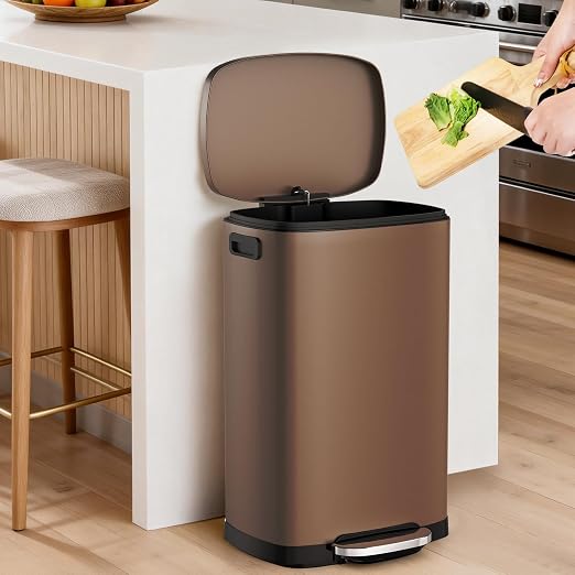 ELPHECO Kitchen Trash Can with Lid 13 Gal Stainless Steel Pedal Garbage Can | Soft Close Lid, Pedal, Heavy-Duty Fingerprint Proof Step Wastebasket with 20 Bags, Removable Bucket, Home Office, Brown