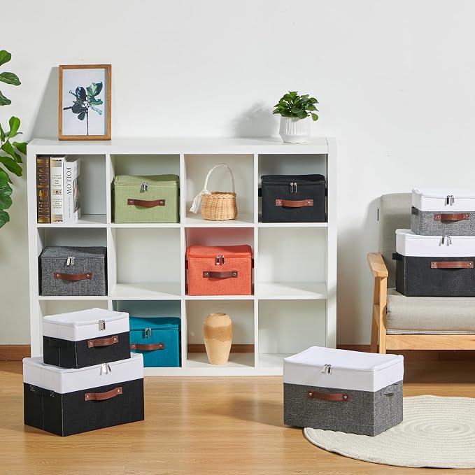 Storage Bins with Zipper Lids Decorative Lidded Baskets Boxes | Clothes Container, Closet Shelf Organizer, Foldable Washable, Cotton Linen Fabric, w/ PU Leather Handles, Black White, Large