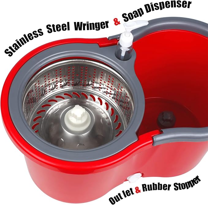 Spin Mop and Bucket System with Stainless Steel Wringer, 3 Mop Heads | Microfiber Spin Mop and Bucket System with Stainless Steel Wringer, 3 Mop Heads & 61" Telescoping Handle