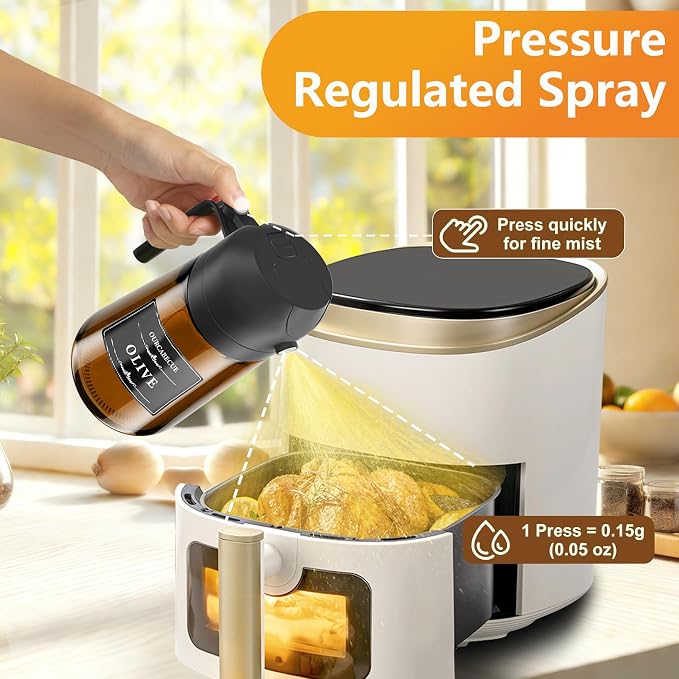 Olive Oil Sprayer & Dispenser Bottle for Cooking 16oz Dark Glass Oil Mister | 2-in-1 Oil Sprayer & Pourer, Fine mist, Light-Blocking, Wide Mouth for Easy Refill & Clean, 8 Oil Labels, Reusable