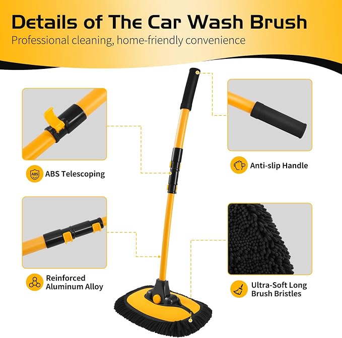HIPPIH 15° Curved Car Wash Brush with Long Handle, 2 Scratch-Free Mop Heads | 43" Microfiber Car Cleaning Brush with Extension Pole, Exterior Car Wash Supply Kit for Roof RV Truck Camper SUV Caravan Boat