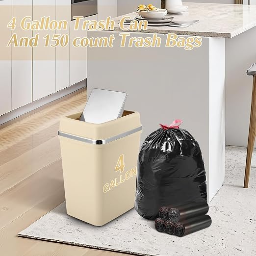 Bathroom Trash Can with Lid 4 Gallon Trash Can Beige Trash Can with Swing Lid Small Garbage Can with 150 Counts Trash Bags for Bathroom Bedroom Office Restroom Dorm