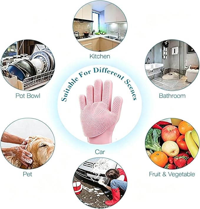 Magic Silicone Dishwashing Scrubber, 2 in 1 Reusable Rubber Gloves, Heat Resistant Kitchen Tool for Household