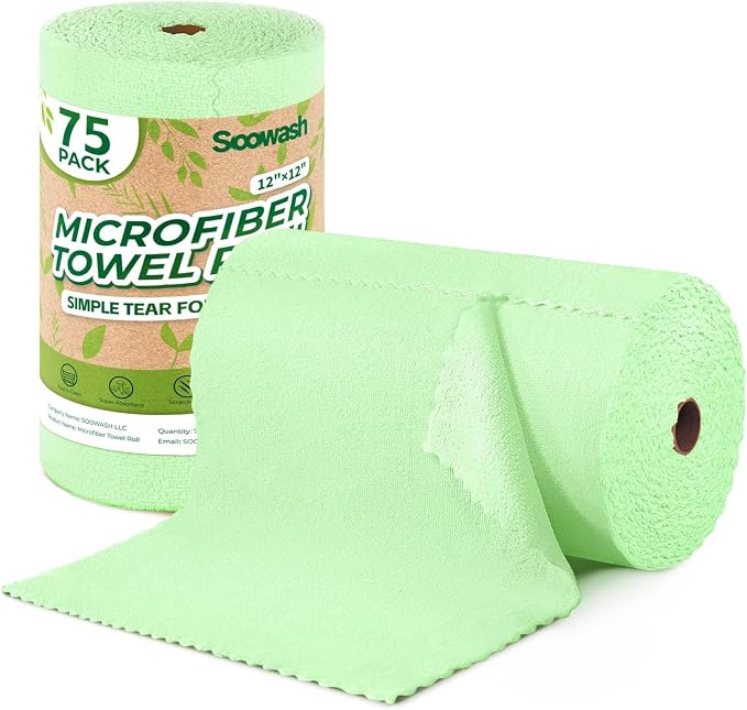 Microfiber Cleaning Cloths Roll 75 Pack 12x12 Inch Lint Free | Tear away design, lint free, washable, scratch free, ultra absorbent, for dish rags and household cleaning, Green color