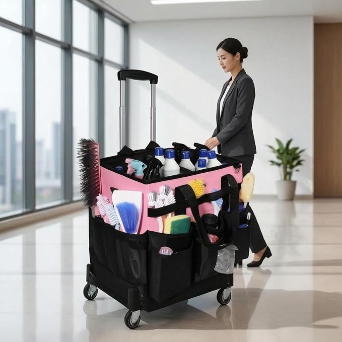 Cleaning Supplies Organizer with Wheels Portable Cleaning Bag with Trolley Heavy-Duty Wheeled Organizer Bag for Housekeeping, Pink, 40.6 32 33CM