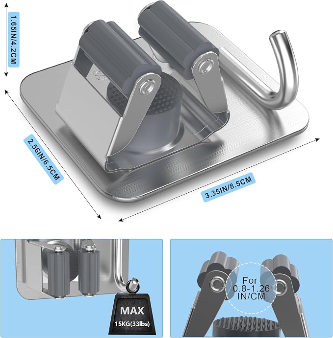 2 Pack Broom Holder Wall Mount, 304 Stainless Steel Mop Organizer with Hook | No Drill Adhesive and Screw Installation, Rust Proof Storage Rack for Garage, Laundry, Garden, Silver