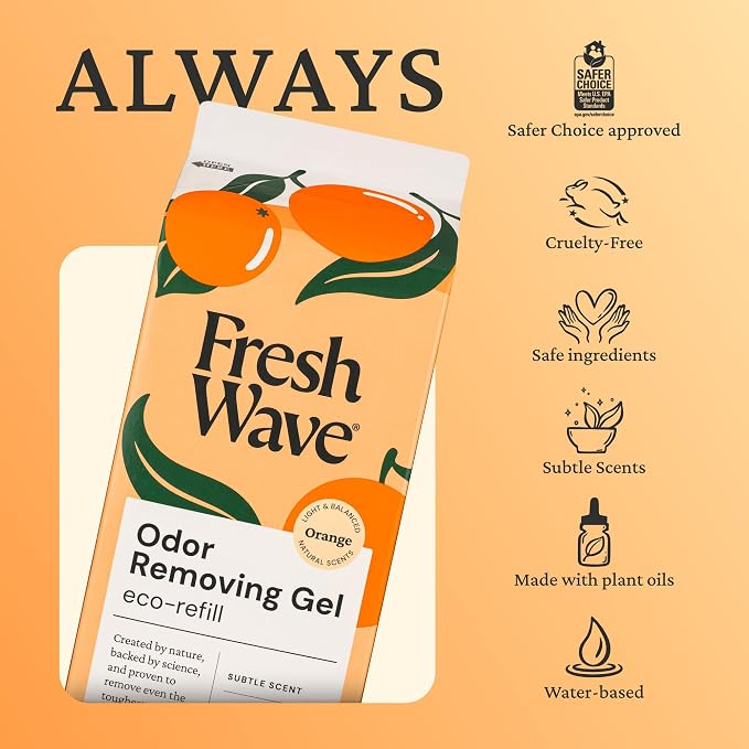 Fresh Wave Odor Removing Gel 2-Pack Glass Jar & 63oz Refill, Orange | Refills 7oz gel up to 9 times or 15oz up to 4 times. Gel odor eliminator for bathroom, closet, or garage. No plug-in.