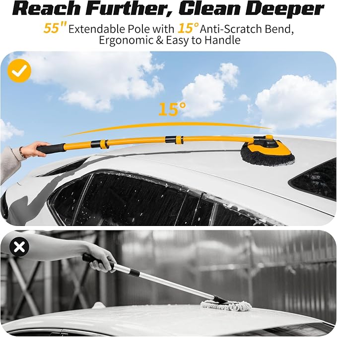 Ordenado 15° Curved Car Wash Brush with Long Handle, Car Wash Mop Kit | 43" Microfiber Scratch-Free Car Cleaning Supply with Replaceable Head, Chenille Mitt, Drying Towel, Wheel Brush for RV Truck